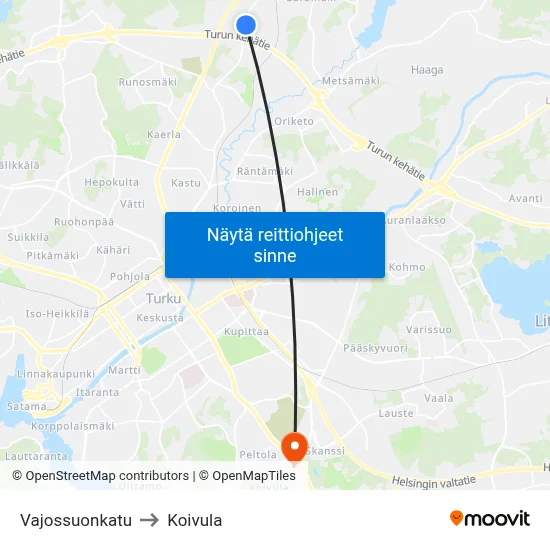 Vajossuonkatu to Koivula map