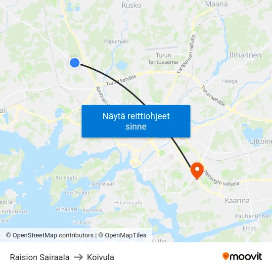 Raision Sairaala to Koivula map