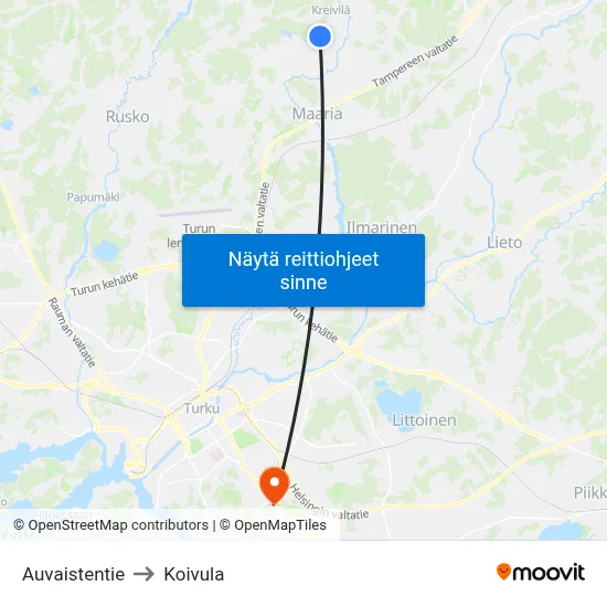 Auvaistentie to Koivula map