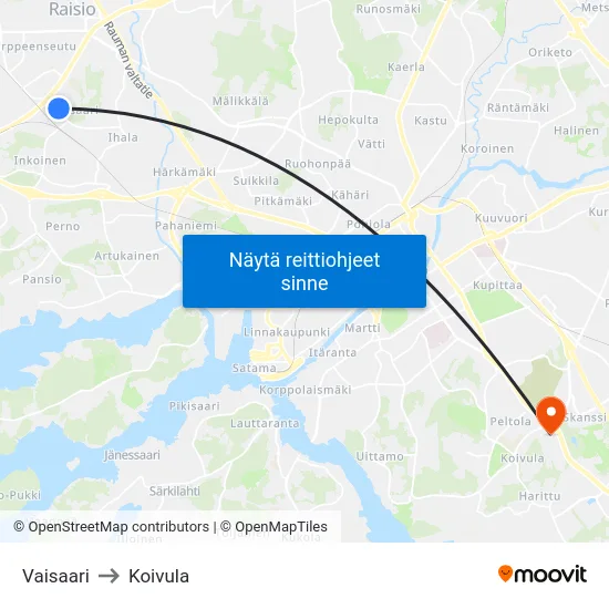 Vaisaari to Koivula map