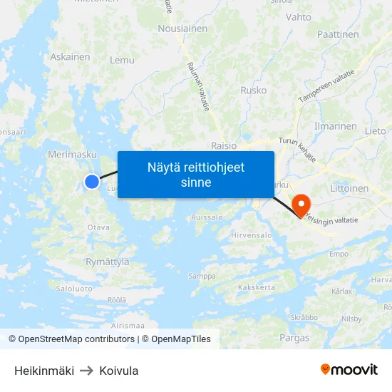 Heikinmäki to Koivula map