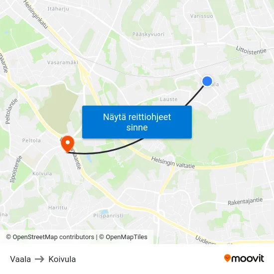 Vaala to Koivula map