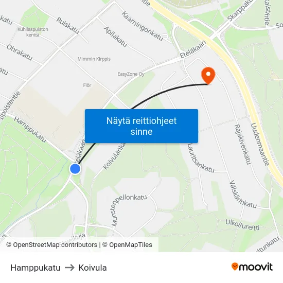 Hamppukatu to Koivula map