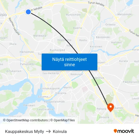 Kauppakeskus Mylly to Koivula map