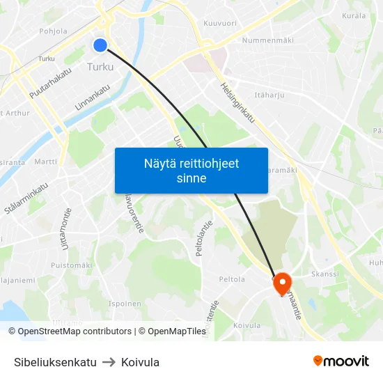 Sibeliuksenkatu to Koivula map