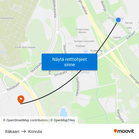 Itäkaari to Koivula map