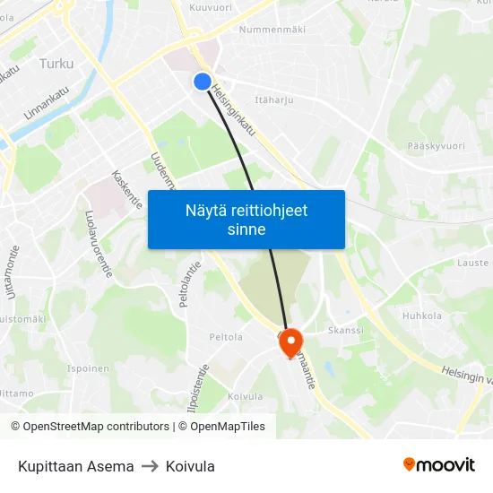 Kupittaan Asema to Koivula map
