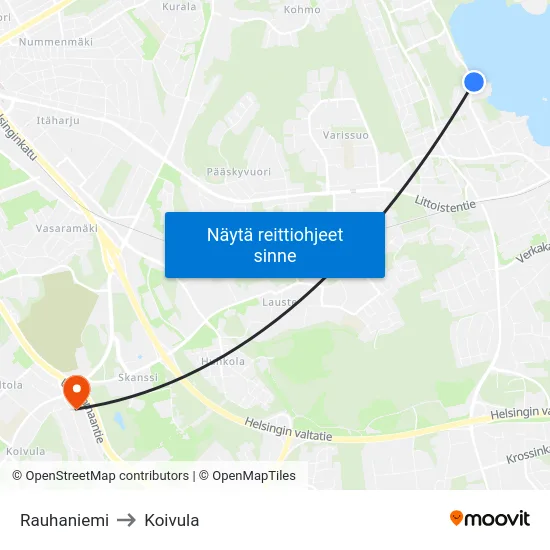 Rauhaniemi to Koivula map