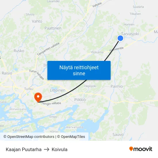 Kaajan Puutarha to Koivula map