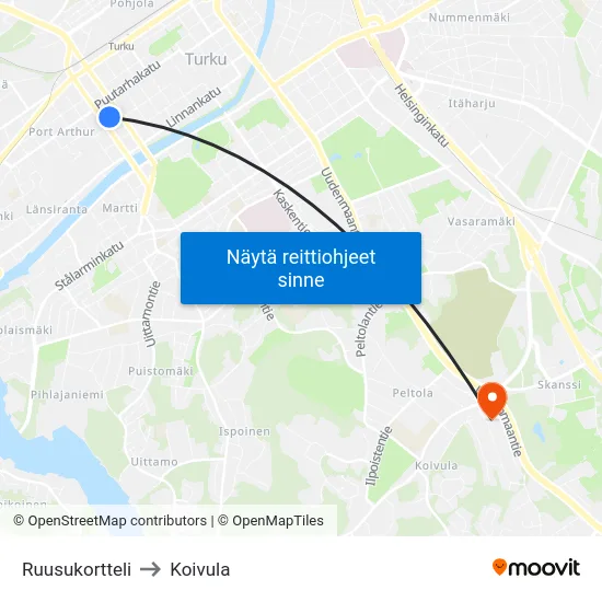 Ruusukortteli to Koivula map