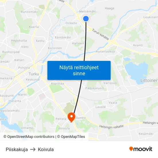 Piiskakuja to Koivula map