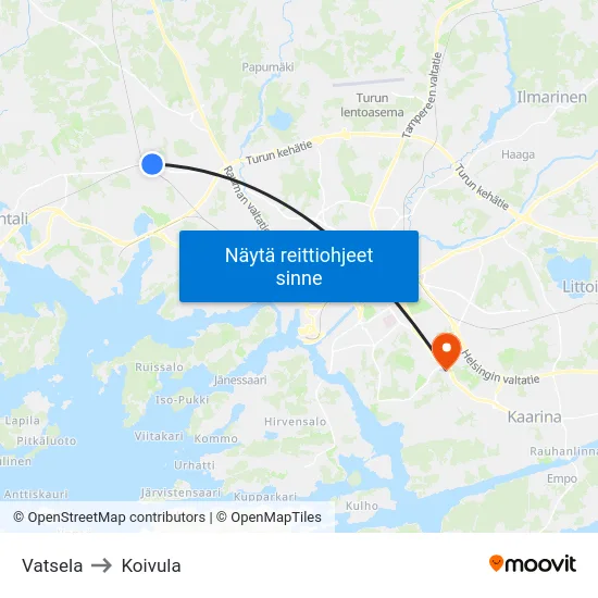 Vatsela to Koivula map