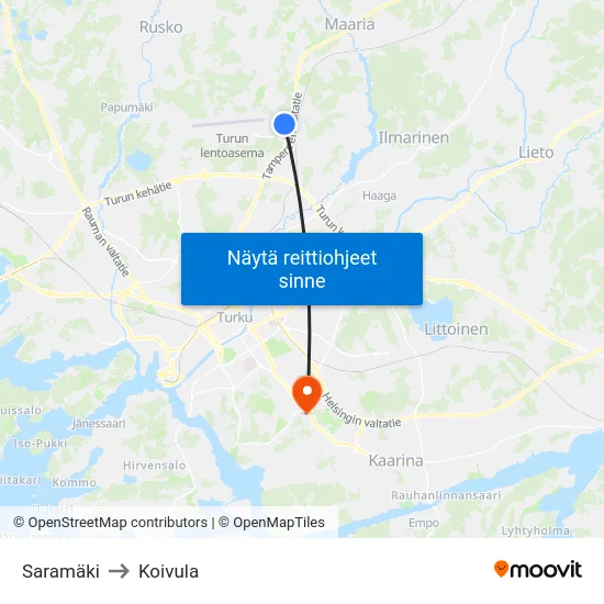 Saramäki to Koivula map