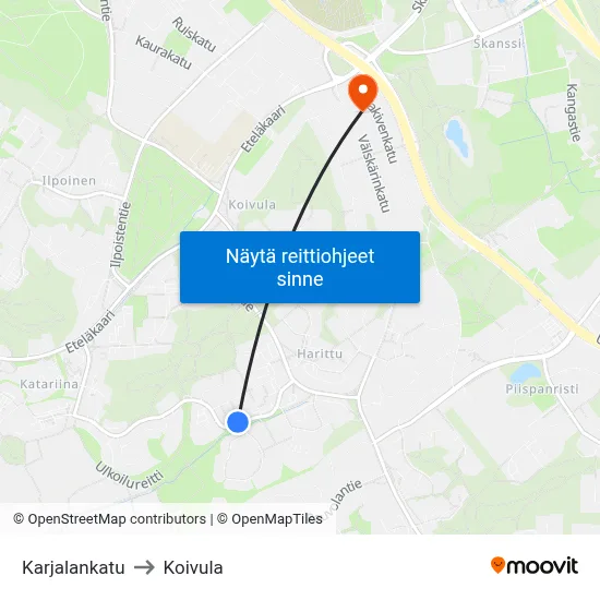 Karjalankatu to Koivula map