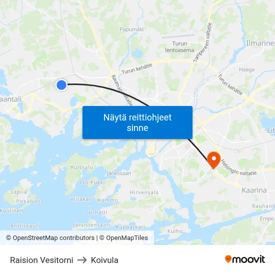 Raision Vesitorni to Koivula map