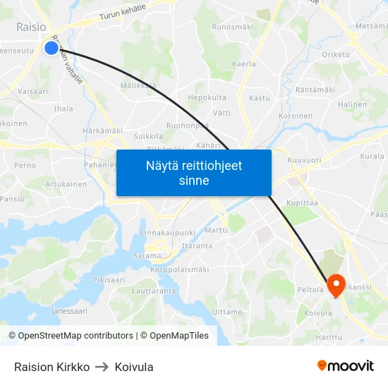 Raision Kirkko to Koivula map