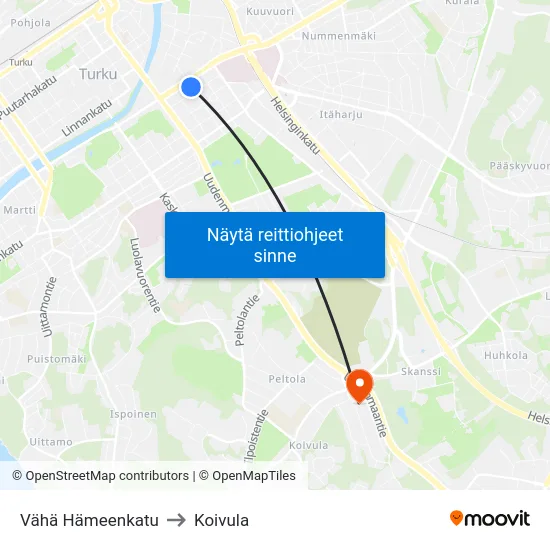 Vähä Hämeenkatu to Koivula map