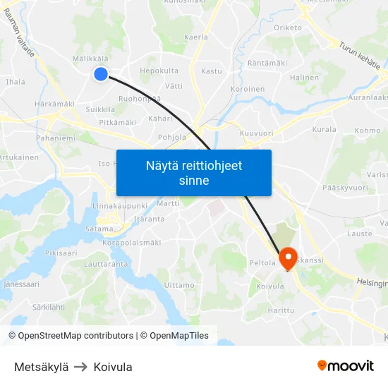 Metsäkylä to Koivula map