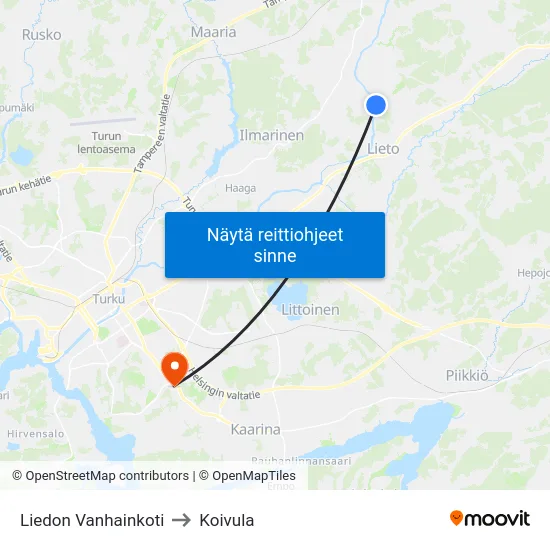 Liedon Vanhainkoti to Koivula map
