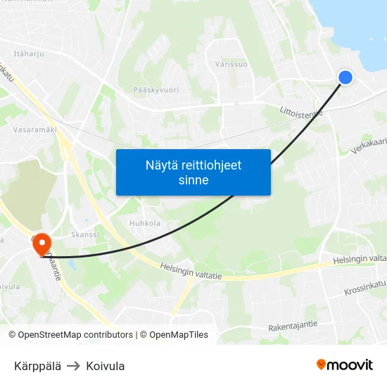 Kärppälä to Koivula map