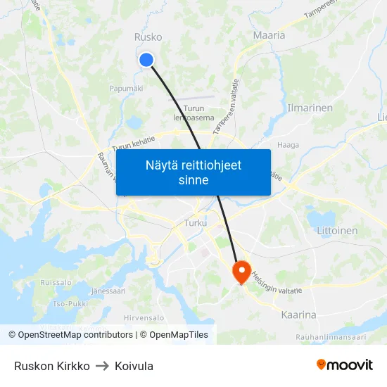 Ruskon Kirkko to Koivula map