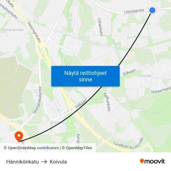 Hännikönkatu to Koivula map