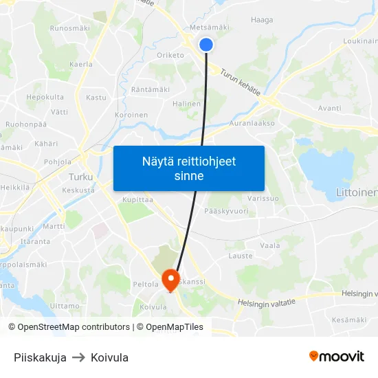 Piiskakuja to Koivula map