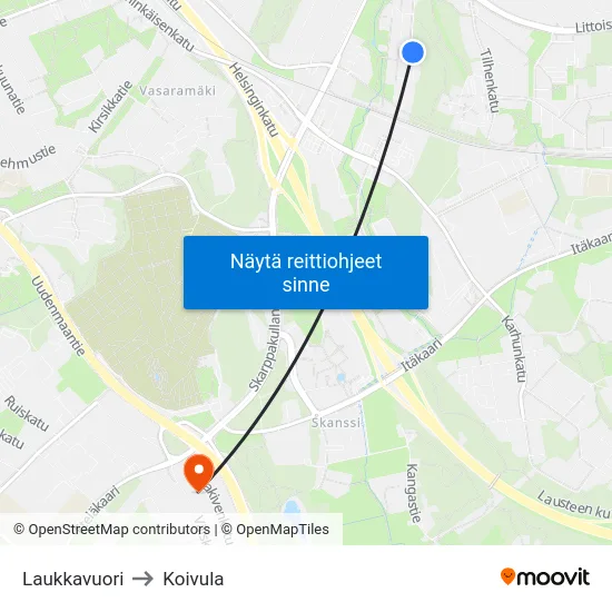 Laukkavuori to Koivula map