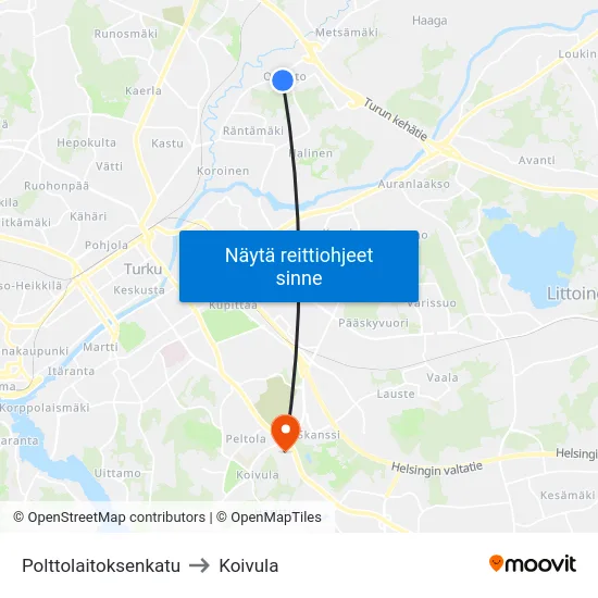 Polttolaitoksenkatu to Koivula map