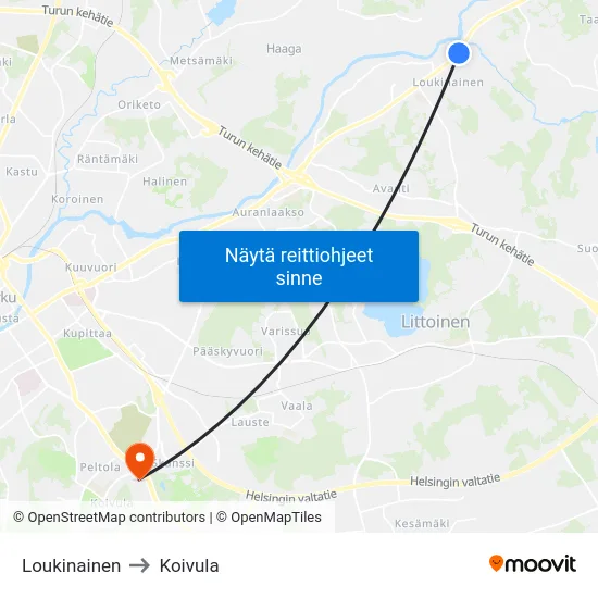 Loukinainen to Koivula map