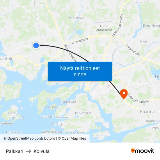 Paikkari to Koivula map