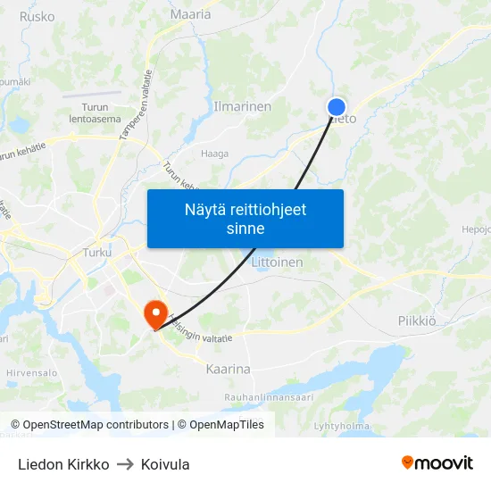 Liedon Kirkko to Koivula map