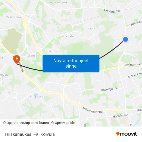 Hiiskanaukea to Koivula map