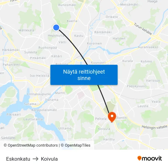 Eskonkatu to Koivula map