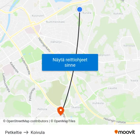 Petkeltie to Koivula map