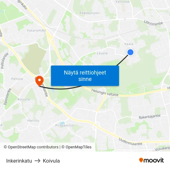 Inkerinkatu to Koivula map