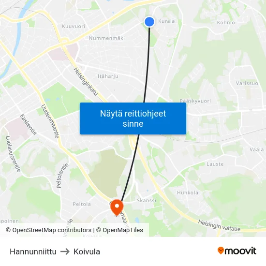 Hannunniittu to Koivula map