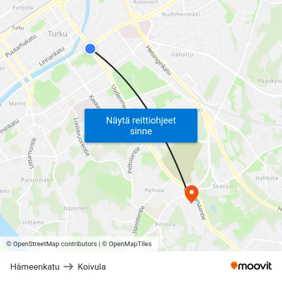 Hämeenkatu to Koivula map