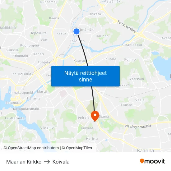 Maarian Kirkko to Koivula map