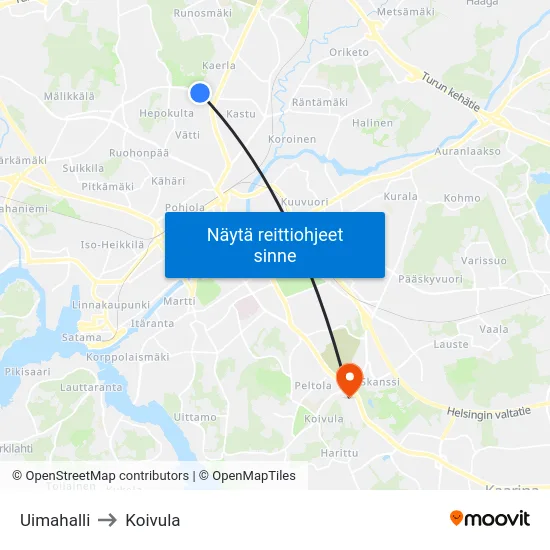 Uimahalli to Koivula map