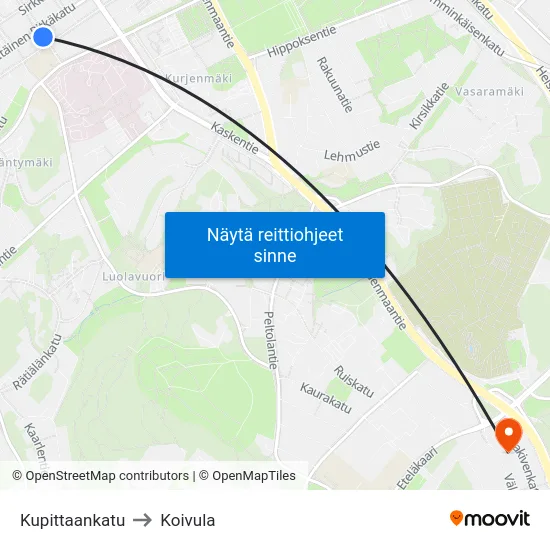 Kupittaankatu to Koivula map