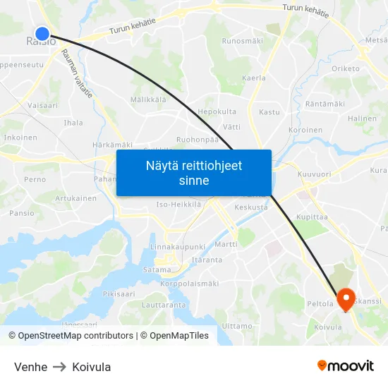 Venhe to Koivula map