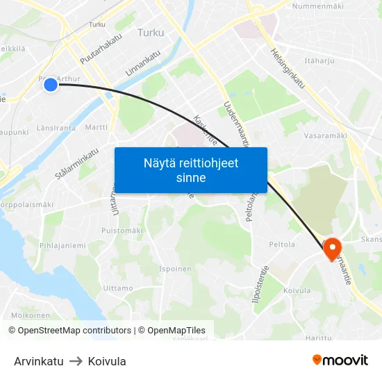 Arvinkatu to Koivula map