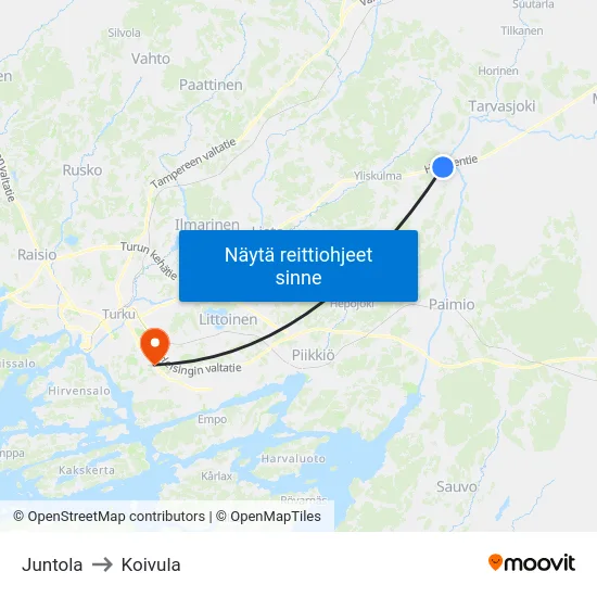 Juntola to Koivula map