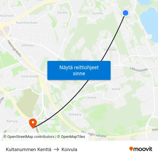 Kultanummen Kenttä to Koivula map