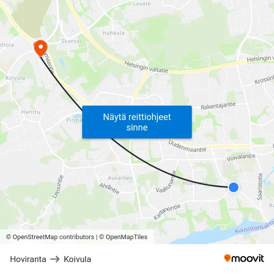 Hoviranta to Koivula map