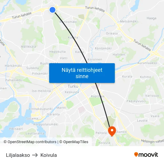 Liljalaakso to Koivula map