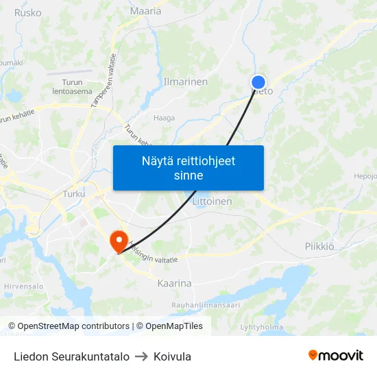 Liedon Seurakuntatalo to Koivula map