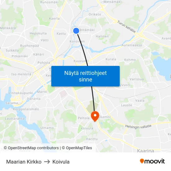 Maarian Kirkko to Koivula map