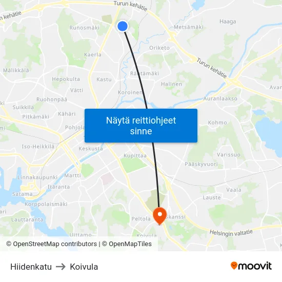 Hiidenkatu to Koivula map